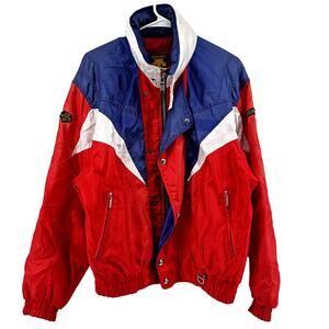 Vintage Descente Ski Snow Jacket 80s Zip Up Hidden Hood Colorblock Red Blue S